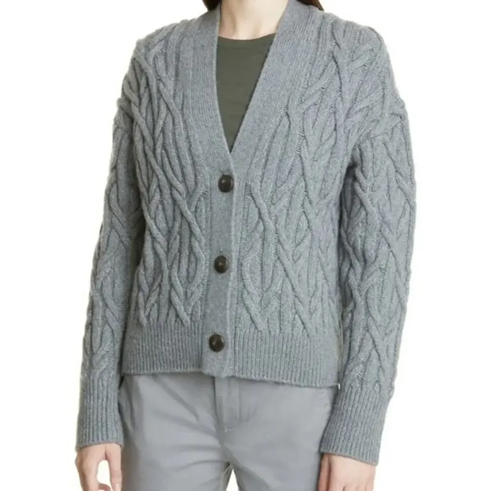 Vince. Womens Cable Cardigan Sweater Large Grey Cashmere Merino Wool Knit NWOT